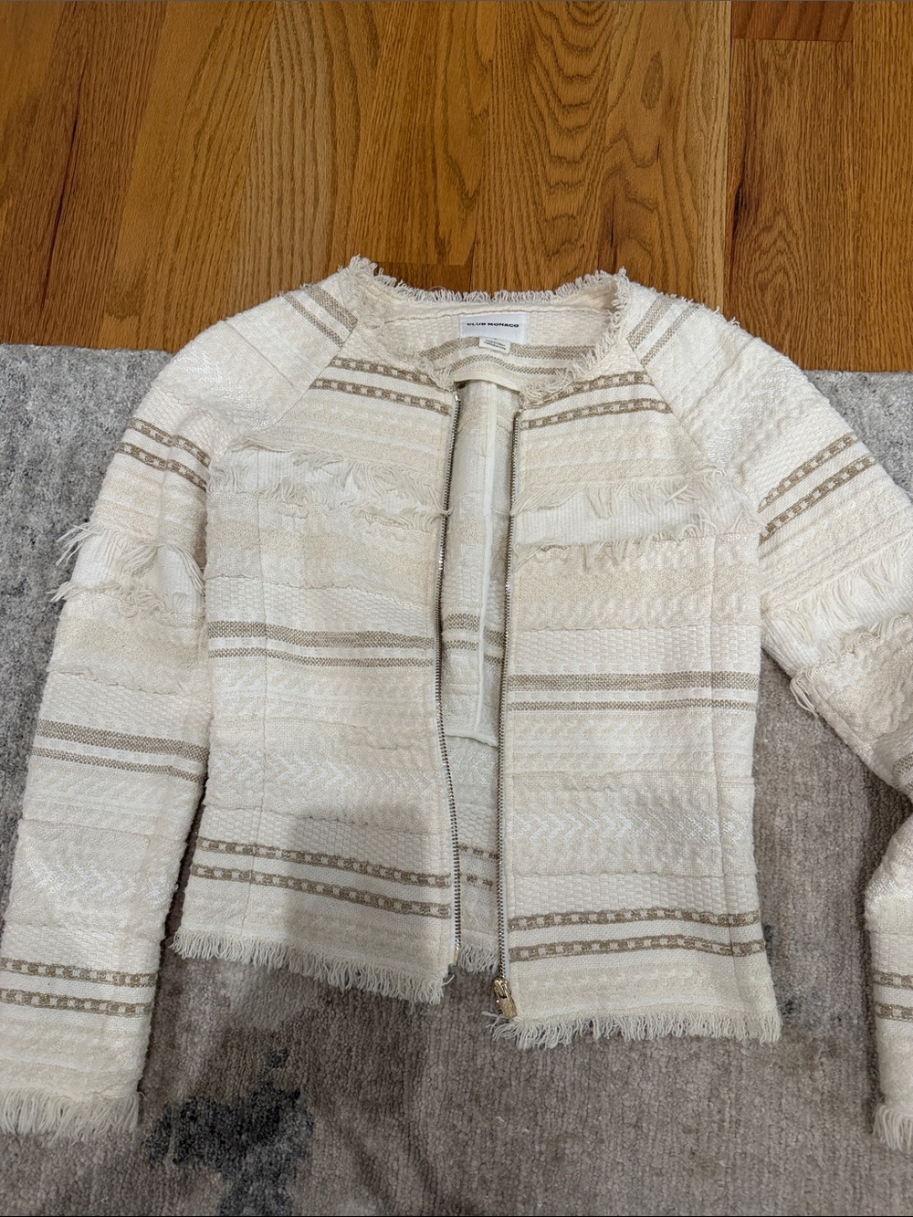 Club Monaco Cream and Tan Fringe-Trim Textured Zip Blazer